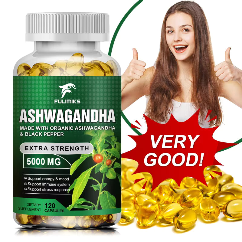 Pure KSM-66 Ashwagandha Root Extract Capsules 5000mg for Natural Mood, Stress, Focus, Brain, Energy, Sleep Health Support