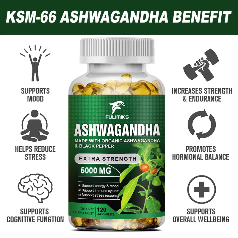 Pure KSM-66 Ashwagandha Root Extract Capsules 5000mg for Natural Mood, Stress, Focus, Brain, Energy, Sleep Health Support